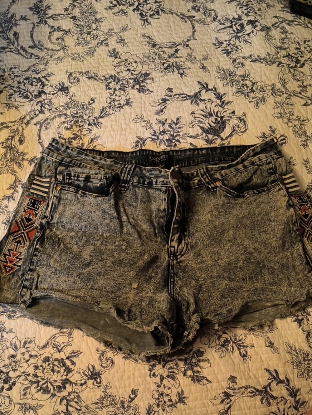Forever 21 Washed Black Denim Shorts with Multicolor Embroidered Trim